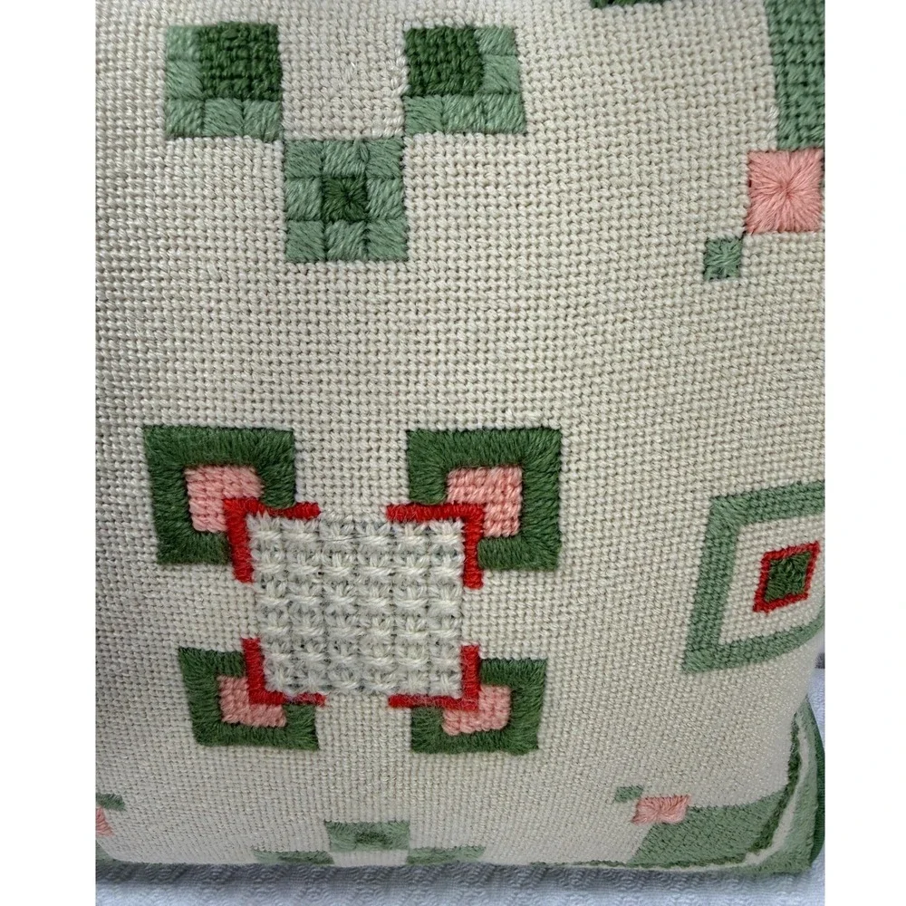 Vintage Handmade Needlepoint Throw Pillow Geometric Art Deco Green Pink 14x14